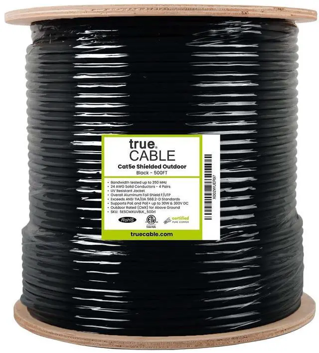 Alt view image 4 of 5 - trueCABLE Cat5e Outdoor, Shielded F/UTP, 500ft, UV Resistant, CMX Rated, Black, 24AWG Solid Bare Copper, 350MHz, PoE++ (4PPoE), ETL Listed, Bulk Ethernet Cable