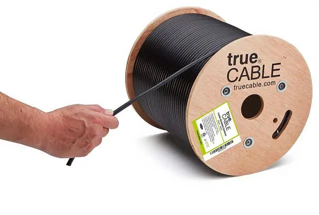 Main image of trueCABLE Cat5e Outdoor, Shielded F/UTP, 500ft, UV Resistant, CMX Rated, Black, 24AWG Solid Bare Copper, 350MHz, PoE++ (4PPoE), ETL Listed, Bulk Ethernet Cable