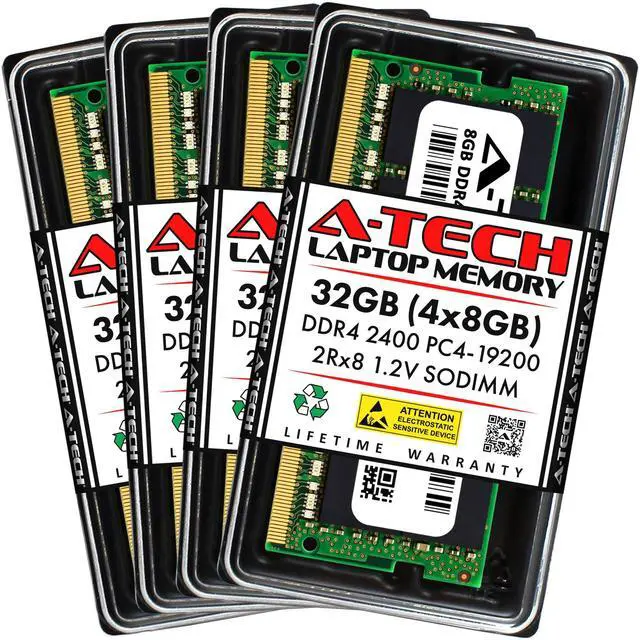 Main image of A-Tech 32GB (4x8GB) DDR4 2400MHz SODIMM PC4-19200 2Rx8 Dual Rank 260-Pin CL17 1.2V Non-ECC Unbuffered Notebook Laptop RAM Memory Upgrade Kit
