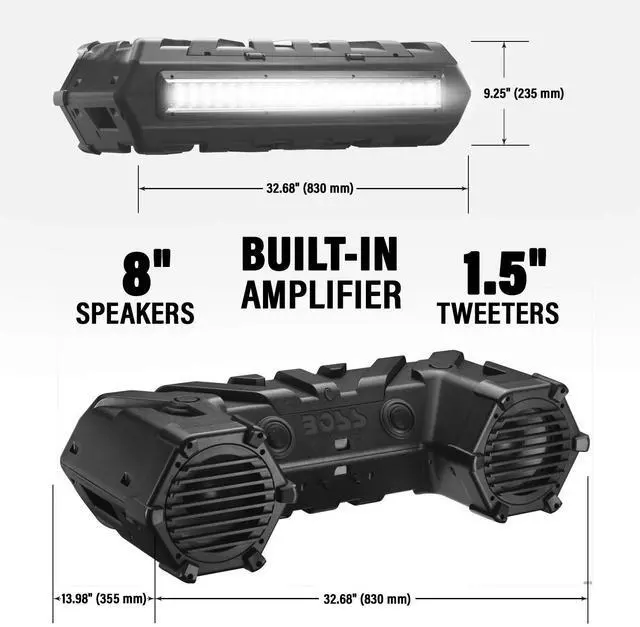 Alt view image 3 of 5 - BOSS Audio Systems ATVB95LED UTV ATV Speakers - Weatherproof, ATV Soundbar, 8 Inch Speakers, 1.5 Inch Tweeters, Amplified, Wired Remote for Bluetooth Connectivity, LED Light Bar, Storage Compartment