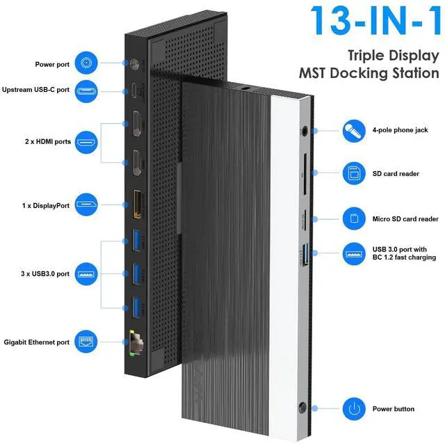 Alt view image 2 of 5 - WAVLINK USB C Docking Station 4K Triple Display (2 HDMI + 1 Displayport) with 100W PC Charging, Gigabit Ethernet, 4 USB 3.0, SD/TF Card Slot, Audio, for Dell HP MacBook Lenovo and Other USB C Laptops