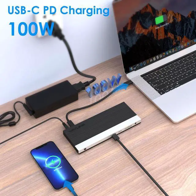 Alt view image 5 of 5 - WAVLINK USB C Docking Station 4K Triple Display (2 HDMI + 1 Displayport) with 100W PC Charging, Gigabit Ethernet, 4 USB 3.0, SD/TF Card Slot, Audio, for Dell HP MacBook Lenovo and Other USB C Laptops