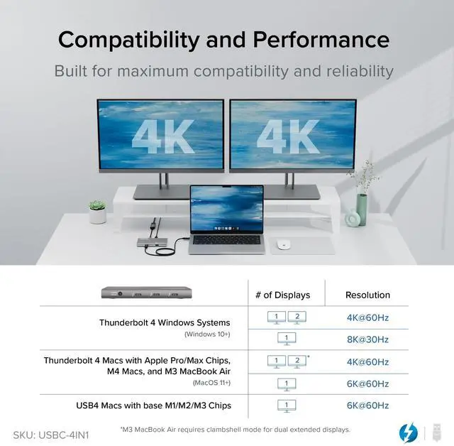 Alt view image 4 of 5 - Plugable 5-in-1 Thunderbolt 4 Hub,Single 8K or Dual 4K Display, 4K HDMI Adapter Included, Thunderbolt 4/3, USB4,USB-C Expansion for Modern Mac and Windows Systems, Driverless