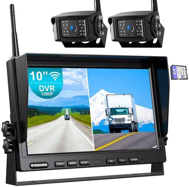 Main image of Fookoo 1080P 10" Wireless Backup Camera System, 10" Dual/Quad Split Monitor with Recording, IP69 Waterproof Rear/Front View Cameras, Parking Lines for RV/Truck/Trailer/Van(DW102)