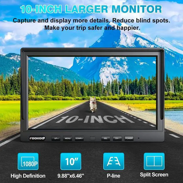 Alt view image 2 of 5 - Fookoo 1080P 10" Wireless Backup Camera System, 10" Dual/Quad Split Monitor with Recording, IP69 Waterproof Rear/Front View Cameras, Parking Lines for RV/Truck/Trailer/Van(DW102)