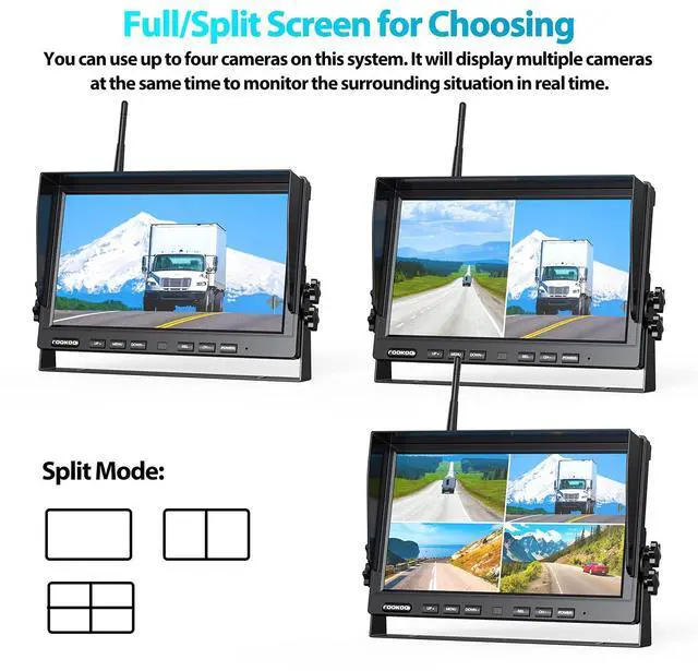 Alt view image 4 of 5 - Fookoo 1080P 10" Wireless Backup Camera System, 10" Dual/Quad Split Monitor with Recording, IP69 Waterproof Rear/Front View Cameras, Parking Lines for RV/Truck/Trailer/Van(DW102)