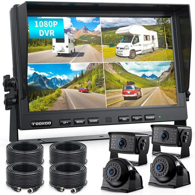 Main image of Fookoo  10" 1080P Wired Backup Camera System Kit,10" HD Quad Split Screen Monitor with Recording IP69 Waterproof Rear View Side View Camera Parking Lines for Truck/Semi-Trailer/Box Truck/RV(DY104)