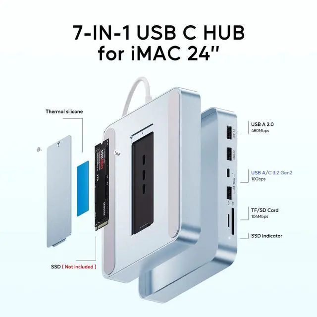 Alt view image 3 of 5 - USB C HUB for iMac 24 inch 2021/2023/2024, PULWTOP USB Hub Adapter iMac Accessories for iMac M1/M3/M4 with USB C 10Gbps 3*USB A SD/TF, Docking Station Support Expand M.2 SSD (Not Included),Blue