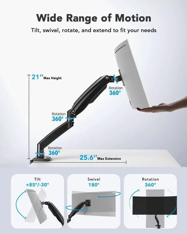 Alt view image 2 of 5 - HUANUO Single Monitor Arm for 40 inch Screens, Ultrawide Computer Monitor Mount Holds 26.48 lbs, Upgraded Adjustable Stand with USB, C-Clamp & Grommet Base, VESA 75x75 or 100x100mm