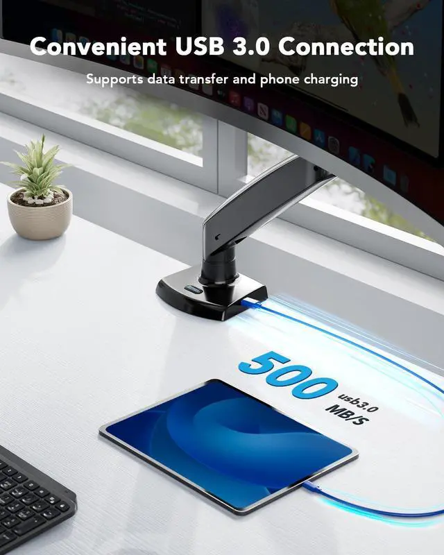 Alt view image 4 of 5 - HUANUO Single Monitor Arm for 40 inch Screens, Ultrawide Computer Monitor Mount Holds 26.48 lbs, Upgraded Adjustable Stand with USB, C-Clamp & Grommet Base, VESA 75x75 or 100x100mm