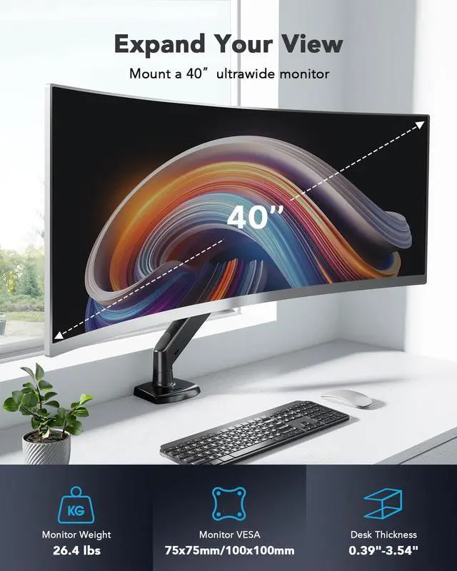 Alt view image 3 of 5 - HUANUO Single Monitor Arm for 40 inch Screens, Ultrawide Computer Monitor Mount Holds 26.48 lbs, Upgraded Adjustable Stand with USB, C-Clamp & Grommet Base, VESA 75x75 or 100x100mm