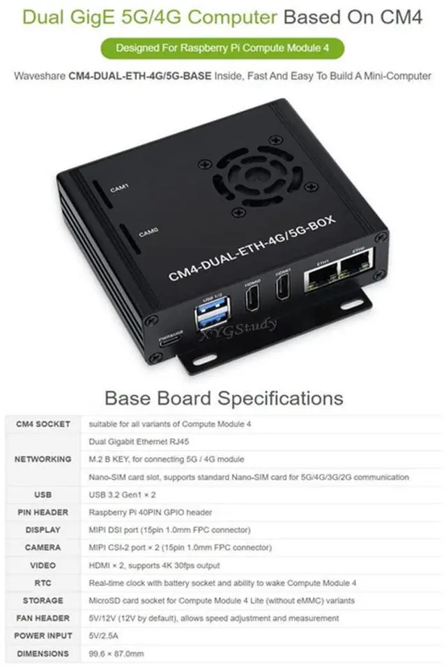 Alt view image 3 of 5 - XYGStudy Dual Gigabit Ethernet 5G/4G Mini-Computer with Metal Case and Cooling Fan Based On Raspberry Pi Compute Module 4 (NOT Included (CM4-DUAL-ETH-4G/5G-BOX)