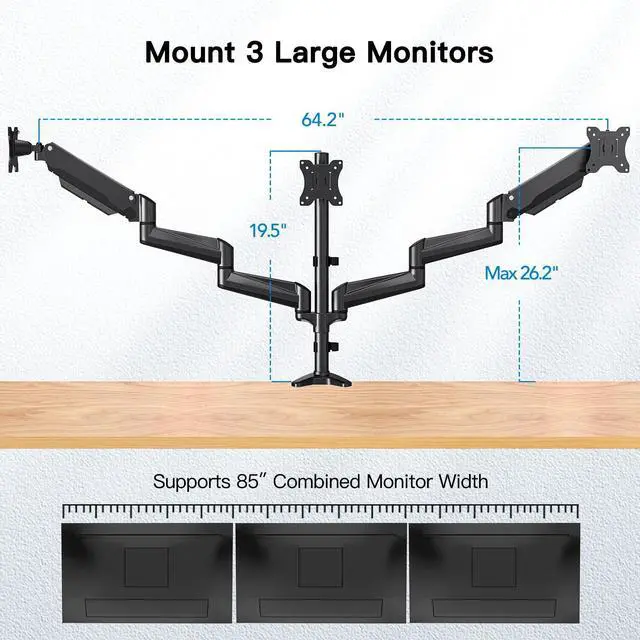 Alt view image 3 of 5 - HUANUO Triple Monitor Mount for 17 to 32 inch Screens, Gas Springs Adjustment Triple Monitor Stand with Swivel, Tilt, Rotation, Clamp & Grommet Kit (Black)
