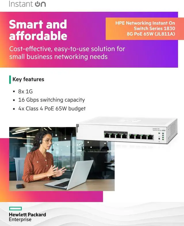 Alt view image 3 of 5 - HPE Networking Instant On Switch Series 1830 8-Port Gb Smart-Managed Layer 2 Ethernet Switch with PoE | 8X 1G | 4X CL4 PoE (65W) | Fan-Less | US Cord (JL811A#ABA)