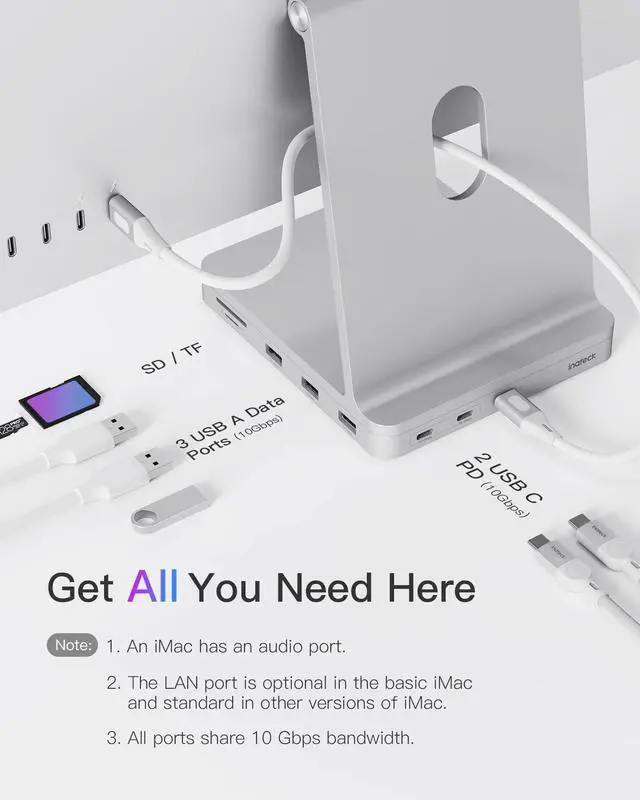 Alt view image 3 of 5 - Inateck USB C Hub for iMac, Docking Station Compatible with iMac 24 Inch 2021/2023, USB 3.2 Gen 2, 8-in-1 Aluminium USB Hub with NVMe SSD Enclosure, USB C 10 Gbps and SD/TF Card Reader, DK2001