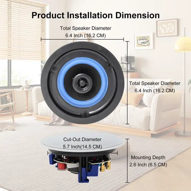 Alt view image 2 of 5 - Herdio 4 Inches Flush Mount 2 Way Full Range in Wall Bluetooth Ceiling Speakers,Great for Humid Indoor Outdoor Placement Bath, Kitchen,Bedroom,Covered Porches A Pair