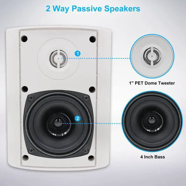 Alt view image 2 of 5 - Herdio 4 Inches Passive Indoor Outdoor Speakers Waterproof Wired 200 Watt with Powerful Bass,Wall Mount Speakers for Patio Garage Covered Deck