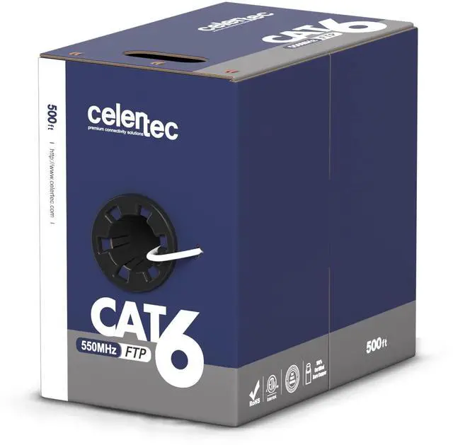 Main image of celertec CAT6 Shielded Ethernet Cable, 500ft, FTP (Overall Foil Shield), 23AWG Solid Bare Copper, 550MHz, ETL Listed &CMR Riser Rated, Indoor, Bulk Ethernet Cable, White