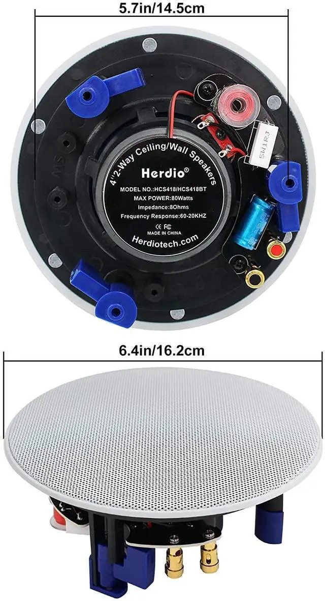 Alt view image 3 of 5 - Herdio 320 Watts 2 Way Flush Mount Ceiling Speakers 4 Inches for Bathroom, Kitchen,Living Room,Office 4 Speakers