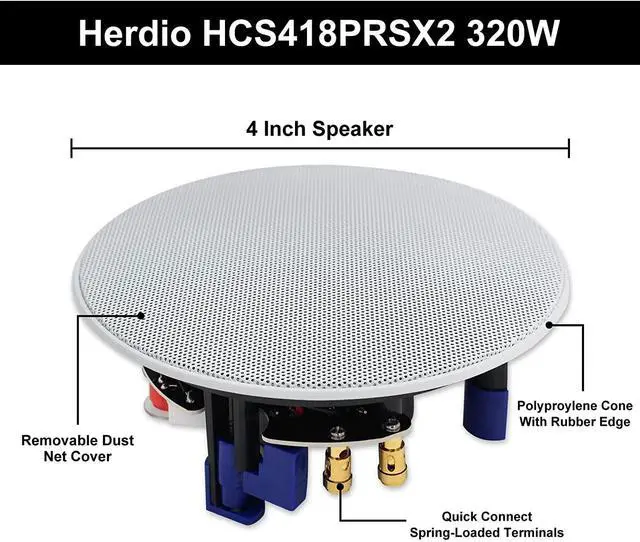Alt view image 5 of 5 - Herdio 320 Watts 2 Way Flush Mount Ceiling Speakers 4 Inches for Bathroom, Kitchen,Living Room,Office 4 Speakers