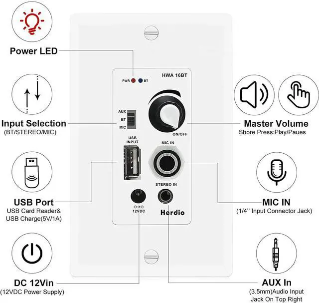 Alt view image 4 of 5 - Herdio 6.5 Inch Bluetooth Ceiling Speakers 320W 2-Way Flush Mount in Wall Amplifier Receiver Suitable for Home Theater Bathroom Living Room Kitchen Office (White, Pair)