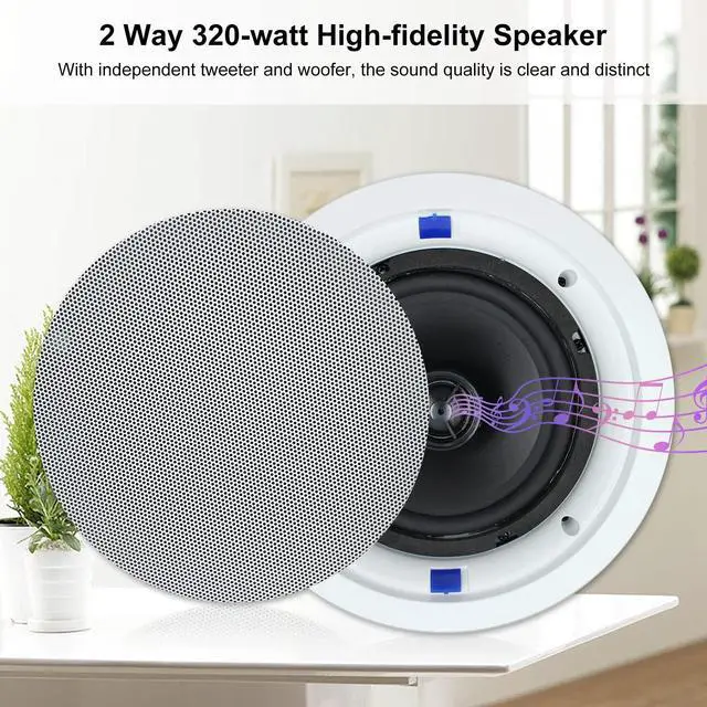 Alt view image 3 of 5 - Herdio 6.5 Inch Bluetooth Ceiling Speakers 320W 2-Way Flush Mount in Wall Amplifier Receiver Suitable for Home Theater Bathroom Living Room Kitchen Office (White, Pair)
