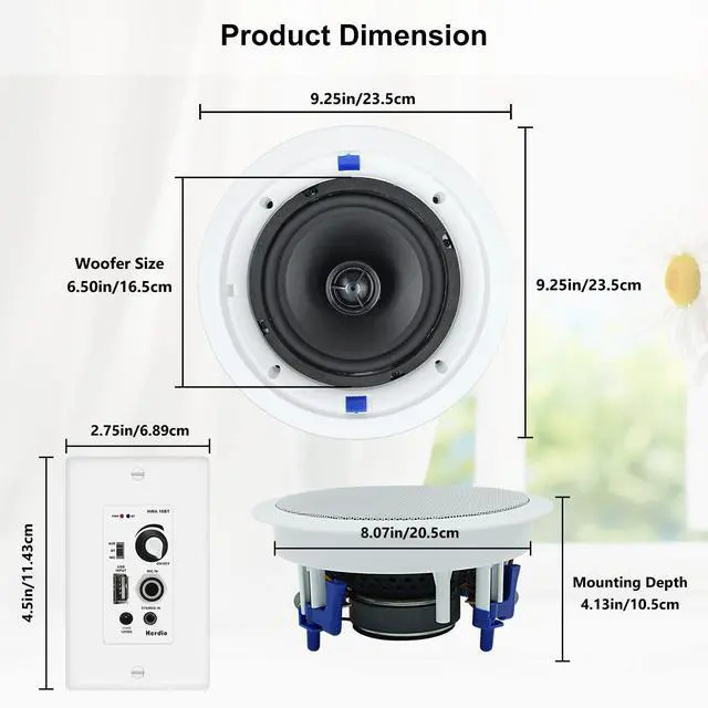 Alt view image 2 of 5 - Herdio 6.5 Inch Bluetooth Ceiling Speakers 320W 2-Way Flush Mount in Wall Amplifier Receiver Suitable for Home Theater Bathroom Living Room Kitchen Office (White, Pair)
