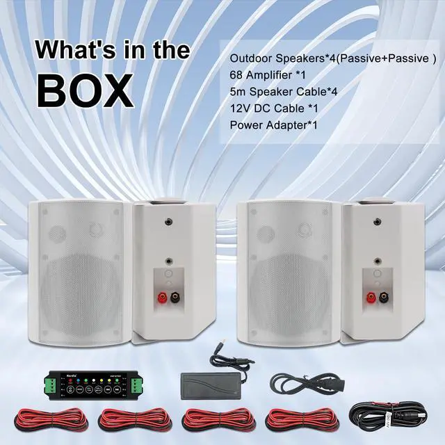 Alt view image 5 of 5 - Herdio 5.25 Inch 600W Outdoor Bluetooth Speakers Waterproof Wired Wall Mount Weatherproof Loudspeaker System for Indoor- Outdoor Garden Poolside Patio Garage Home(4 Speakers,White)