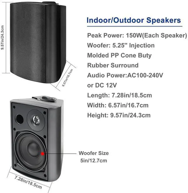 Alt view image 4 of 4 - STUDIOFINIX 5.25 Inches 600 Watts Indoor Outdoor Bluetooth Speakers All Weather Wired Wall Mount System for Patio Deck (4 Speakers)