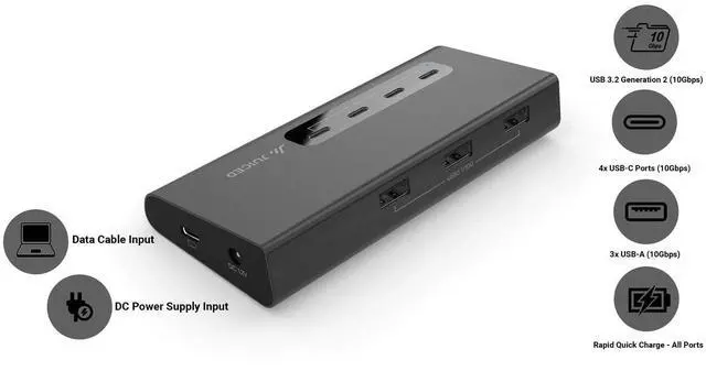 Alt view image 3 of 5 - Juiced Systems VertexHUB High-Speed USB-C & USB-A Hub - 10 Gbps Transfer, USB 3.2 Gen 2, 4X USB-C Ports, 3X USB-A Ports, Fast Charging