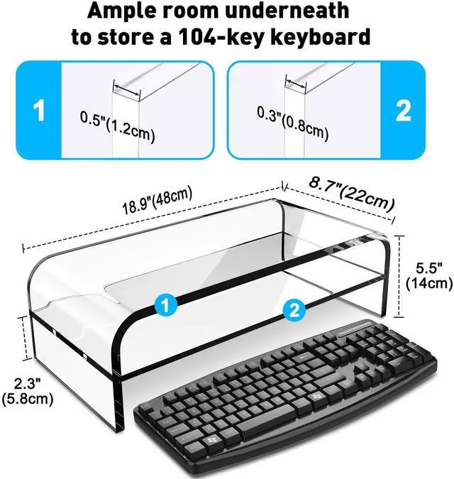 Alt view image 2 of 5 - AboveTEK 2-Tier Acrylic Monitor Stand, Computer Riser for Home Office, Clear Monitor Riser for Keyboard Storage, 18.9" x 8.7" Multi Monitor Desk Stand for iMac Multi-Media Laptop Printer TV
