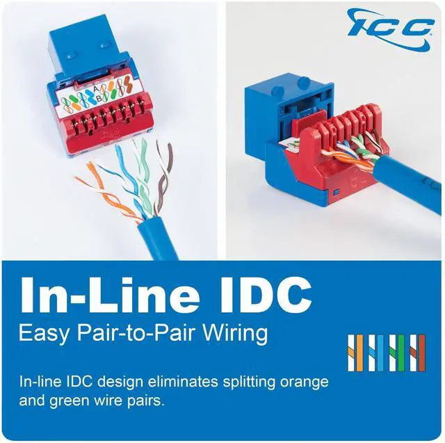 Alt view image 3 of 5 - ICC CAT6 Keystone Jack with Inline IDC No Pair Split Wiring (Easier Termination) UL Listed PoE++ TAA Compliant for Wall Plate or Patch Panel, Works with JackEasy Termination Tool, Blue, 25 Pack