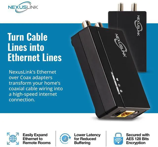 Alt view image 2 of 5 - Nexuslink G.hn Ethernet Over Coax Adapter Kit - 1.2Gbps Network for Unused/Dark Coax - Secure Wired Connection for Gaming & Streaming - Easy Setup - Not for Cable TV/Internet - 2 Units (GCA-1200-KIT)