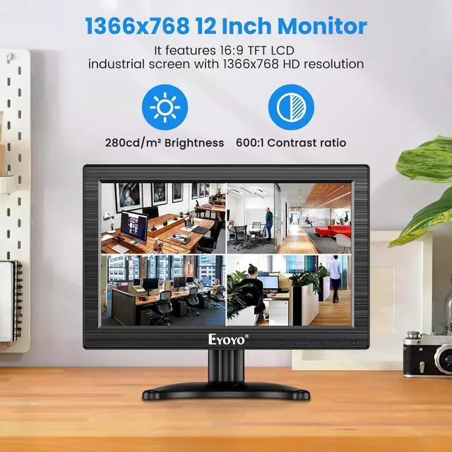 Alt view image 3 of 5 - Eyoyo 12" Inch TFT LCD Monitor with AV HDMI BNC VGA Input 1366x768 Portable Mini HD Color Screen Display with Built-in Speaker