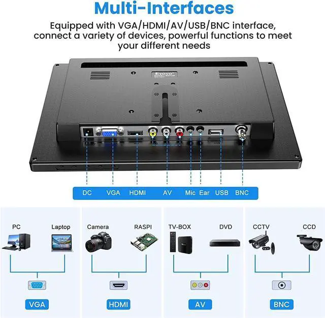 Alt view image 4 of 5 - Eyoyo 12" Inch TFT LCD Monitor with AV HDMI BNC VGA Input 1366x768 Portable Mini HD Color Screen Display with Built-in Speaker