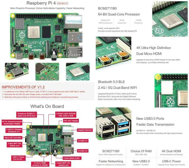 Alt view image 4 of 5 - Waveshare Accessory Compatible with Raspberry Pi 4 Model B 4GB RAM with Powerful Processor Faster Networking Support Dual 4K Output and Different Choice of RAM Comes with a Copper Heat Sink