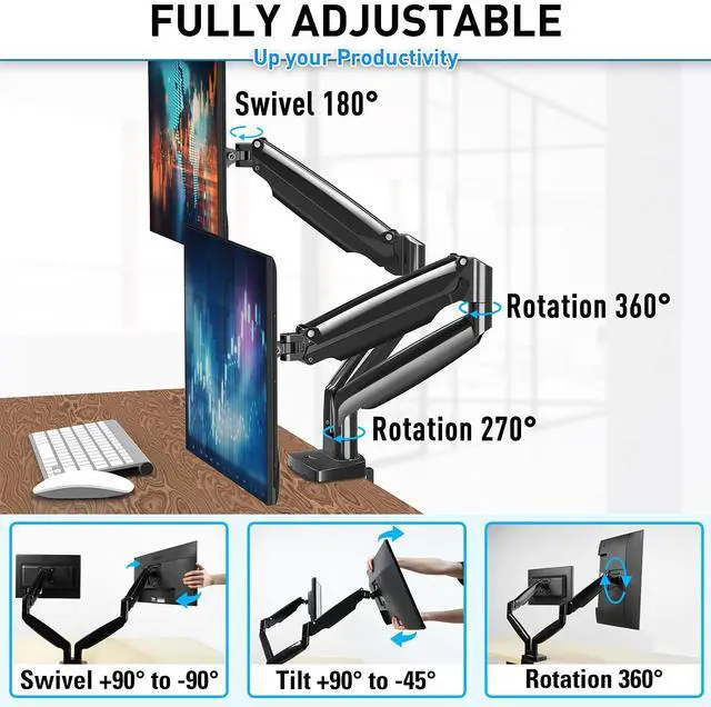 Alt view image 3 of 5 - MOUNTUP Dual Monitor Mount for 2 Max 35 inch Ultrawide Screens, Hold 6.6-30.9lbs, Full Motion Gas Spring Monitor Desk Arm, Heavy Duty Dual Monitor Stand for Desk, VESA Bracket with Clamp/Grommet Base