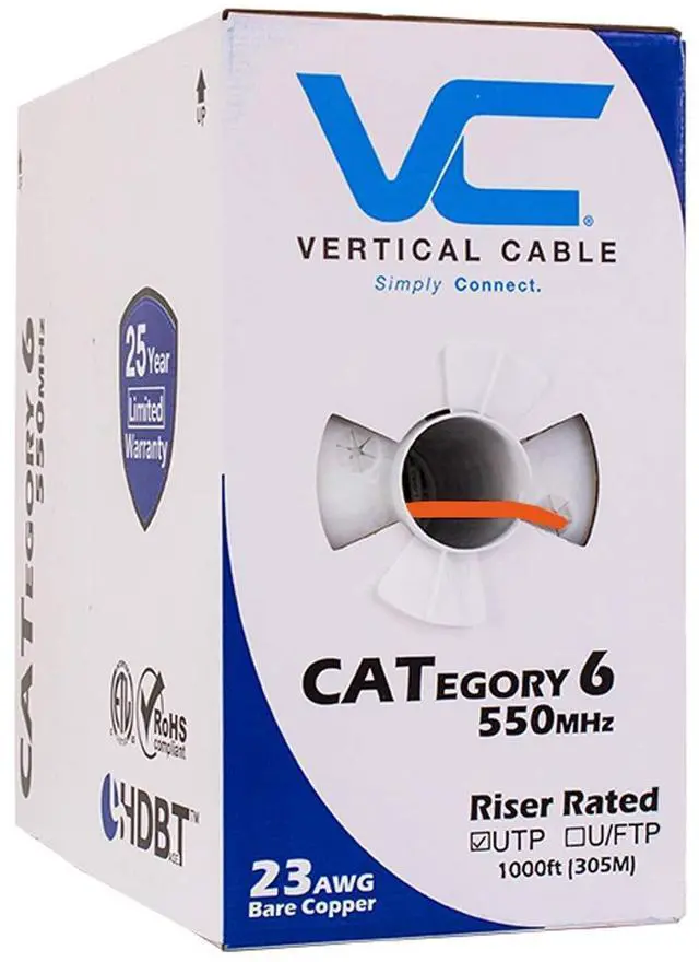 Alt view image 2 of 5 - Vertical Cable Cat6, 550 MHz, UTP, 23AWG, Solid Bare Copper,1000ft, Bulk Ethernet Cable - 060 Series, Orange