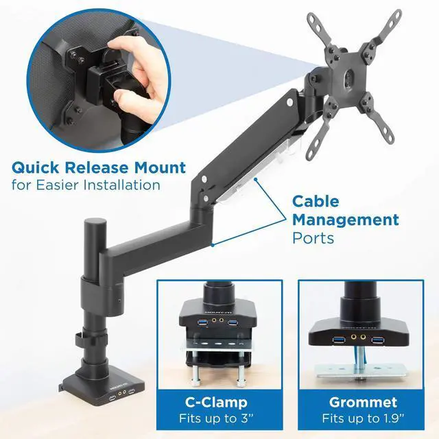Alt view image 4 of 5 - Mount-It! Ultrawide Monitor Arm, Heavy Duty 34 Inch Monitor Desk Mount for Screens up to 35 Inch and 33 Lbs, Vesa 100x100 Compatible, Height Adjustable Gas Spring Arm with 2 USB 3.0 and Audio Ports