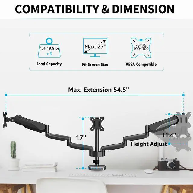 Alt view image 2 of 5 - MOUNTUP Triple Monitor Stand Mount - 3 Monitors Desk Mount for Computer Screens Up to 27 inch, Triple Monitor Arm with Gas Spring, Heavy Duty Monitors Stand, Each Arm Holds Up to 19.8 lbs, Black