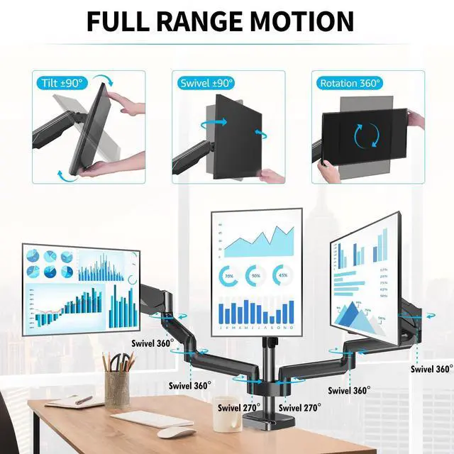 Alt view image 3 of 5 - MOUNTUP Triple Monitor Stand Mount - 3 Monitors Desk Mount for Computer Screens Up to 27 inch, Triple Monitor Arm with Gas Spring, Heavy Duty Monitors Stand, Each Arm Holds Up to 19.8 lbs, Black