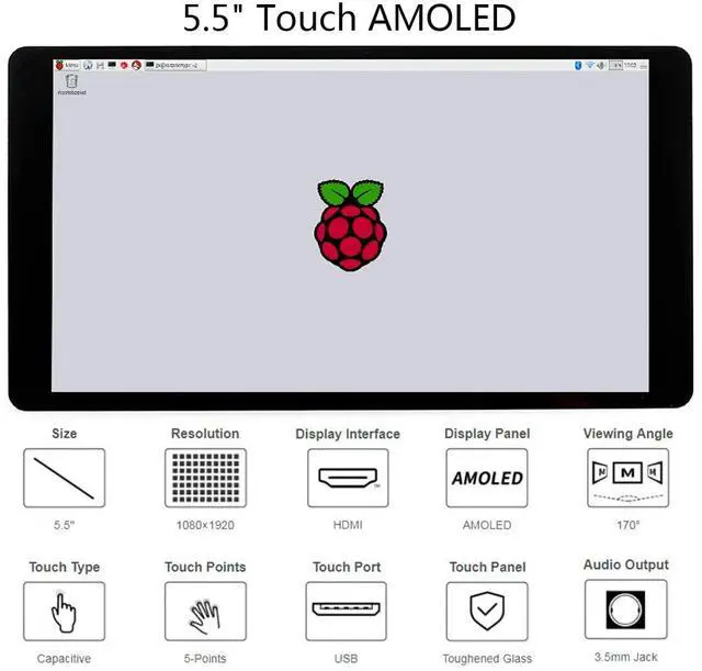 Alt view image 2 of 5 - waveshare 5.5inch HDMI AMOLED Display 1080x1920 Resolution Capacitive Touch Screen with Toughened Glass Cover 6H Hardness for Raspberry Pi 4B/3B+/3B/2B/Zero/Zero W and Jetson Nano,PC,Multi Systems