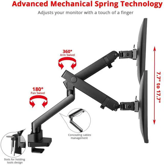 Alt view image 5 of 5 - SIIG Aluminum Mechanical Dual Monitor Arm Mount - Height Adjustable Desk Mount for 17in to 32in Screens - 17.6lbs Each Arm - VESA 75x75mm 100x100mm, Black