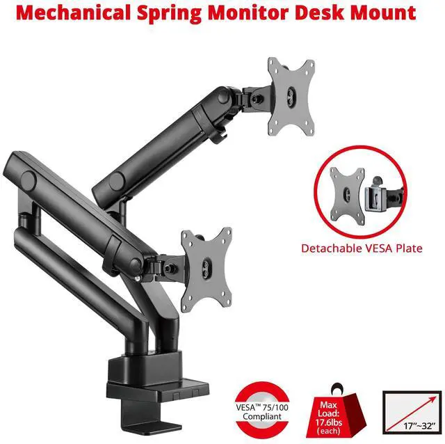 Alt view image 2 of 5 - SIIG Aluminum Mechanical Dual Monitor Arm Mount - Height Adjustable Desk Mount for 17in to 32in Screens - 17.6lbs Each Arm - VESA 75x75mm 100x100mm, Black