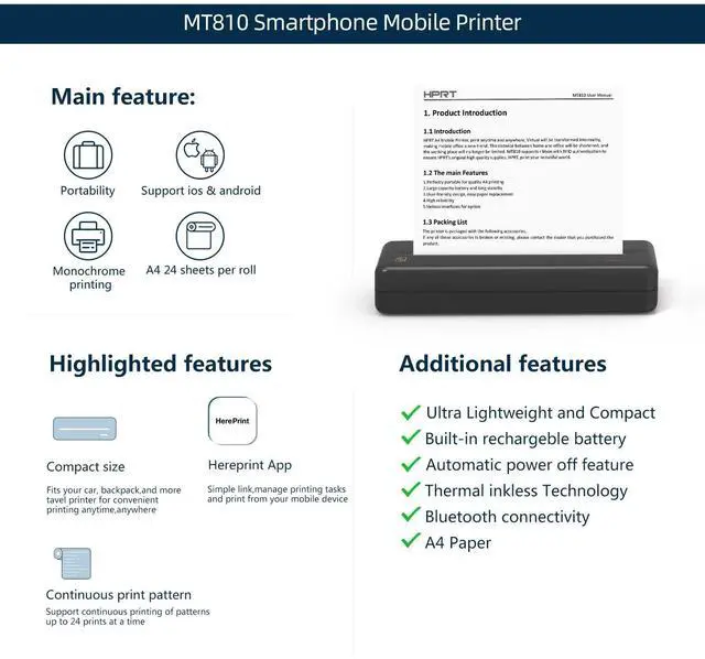 Alt view image 4 of 5 - HPRT Wireless Portable Printer - Bluetooth Thermal Printer for Travel, Mobile Office, School, Home Compatible with iOS Android