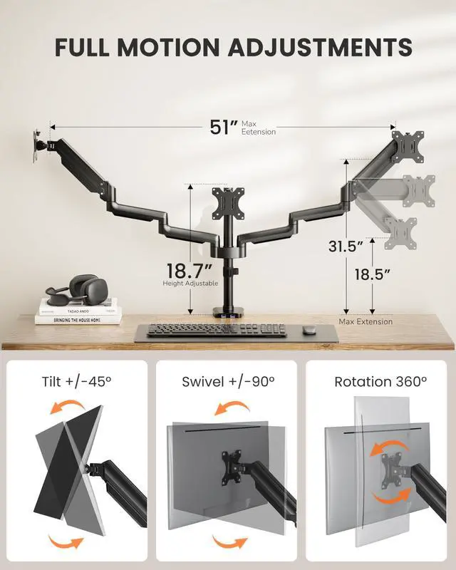 Alt view image 3 of 5 - ErGear Triple Monitor Mount for 13-27 inch Screens, Gas Springcore Triple Monitor Arms with USB, Heavy Duty Three Monitors Stand with Tilt, Swivel, Rotation, Holds Up to 17.6 lbs Each Arm