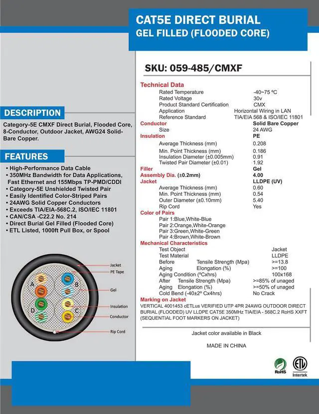 Alt view image 4 of 5 - Vertical Cable Cat5e, 350 Mhz, UTP, Gel Filled (Flooded Core), Direct Burial, 1000ft, Black, Bulk Ethernet Cable