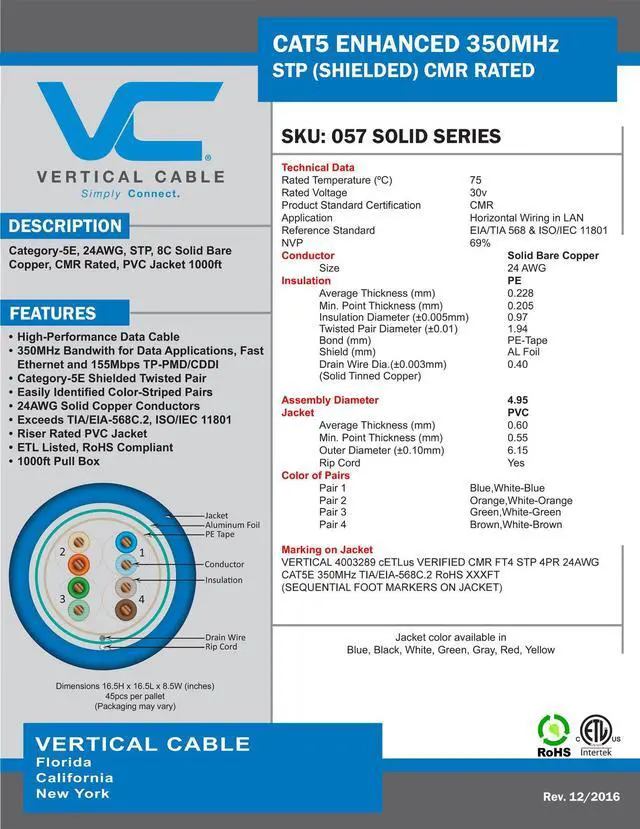 Alt view image 4 of 5 - Vertical Cable Cat5e, 350 MHz, Shielded, 24AWG, Solid Bare Copper, 1000ft, Bulk Ethernet Cable, White