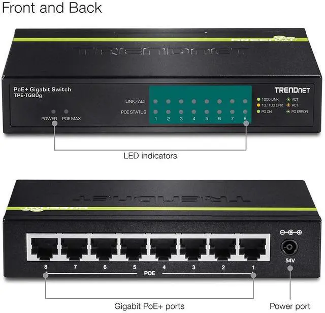 Alt view image 2 of 5 - TRENDnet 8-Port Gigabit PoE+ Switch, TPE-TG80G, 8 x Gigabit PoE+ Ports, 123W PoE Power Budget, 16 Gbps, Ethernet Splitter, NDAA & TAA Compliant, Metal, Lifetime Protection, Black