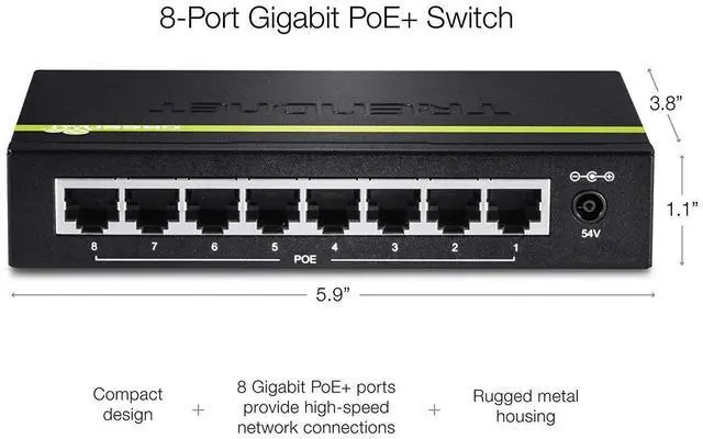 Alt view image 3 of 5 - TRENDnet 8-Port Gigabit PoE+ Switch, TPE-TG80G, 8 x Gigabit PoE+ Ports, 123W PoE Power Budget, 16 Gbps, Ethernet Splitter, NDAA & TAA Compliant, Metal, Lifetime Protection, Black